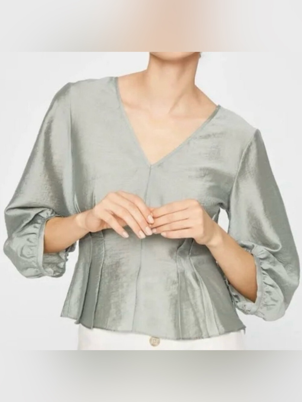 Club Monaco Pitch Sleeve V-Neck Peplum Top in Sage